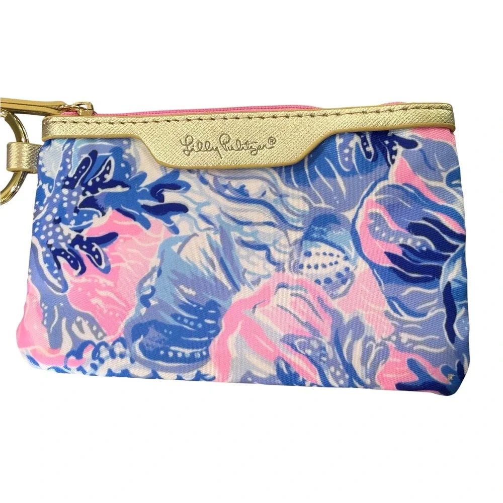 Lilly Pulitzer Keychain ID Wallet Coin Purse Card Holder Pink Blue Floral Gold